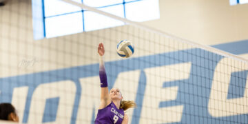 Female volleyball player in a purple jersey (#9) spikes the ball over the net in a gym.