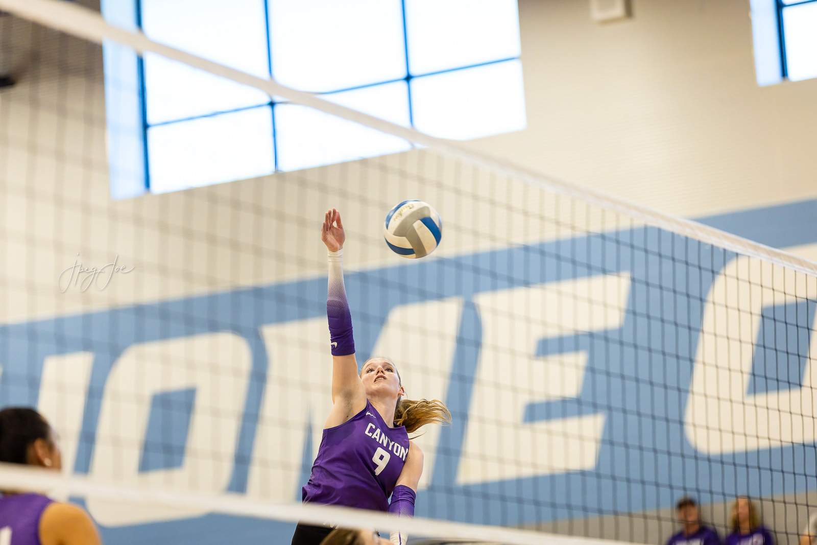 canyon-vs-west-plains-jpegJoe-volleyball-pps-29 | Press Pass Sports Female volleyball player in a purple jersey (#9) spikes the ball over the net in a gym.