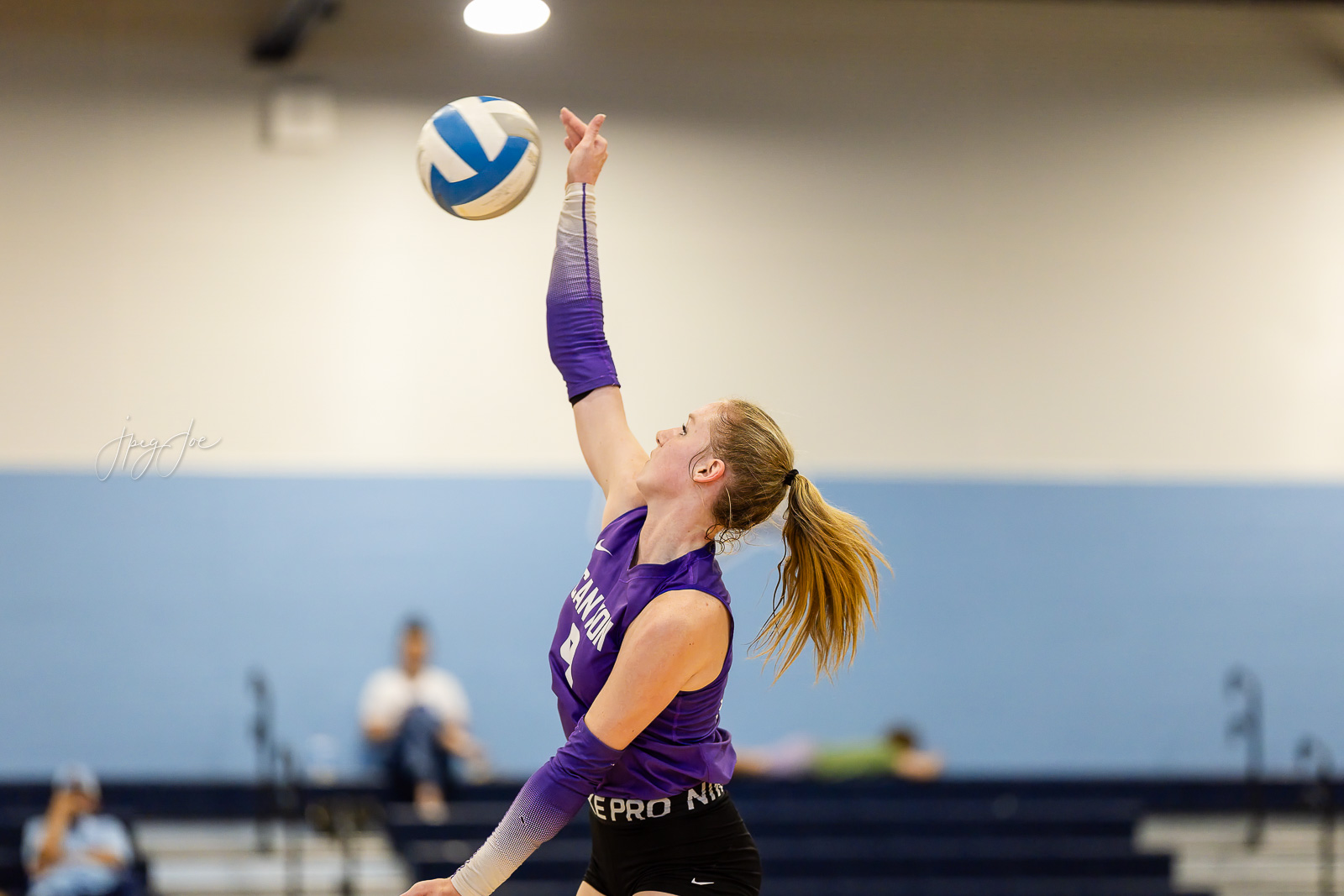 canyon-vs-west-plains-jpegJoe-volleyball-pps-40 | Press Pass Sports Female volleyball player in a purple uniform serves a ball indoors, arm raised ready to strike.