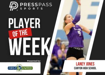Copy of 2023 Athlete of the Week 75 | Press Pass Sports Poster announcing Player of the Week featuring a female volleyball player in purple reaching upward; includes sponsor logos.
