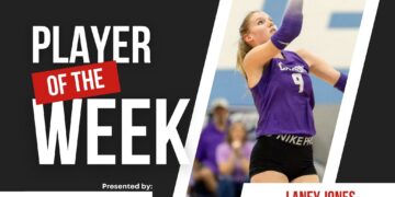 Poster announcing Player of the Week featuring a female volleyball player in purple reaching upward; includes sponsor logos.