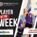 Copy of 2023 Athlete of the Week 75 | Press Pass Sports Poster announcing Player of the Week featuring a female volleyball player in purple reaching upward; includes sponsor logos.