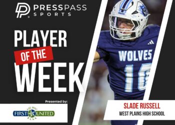 Promotional banner for Press Pass Sports Player of the Week featuring a West Plains Wolves football player.