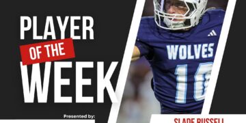 Promotional banner for Press Pass Sports Player of the Week featuring a West Plains Wolves football player.