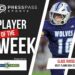 Promotional banner for Press Pass Sports Player of the Week featuring a West Plains Wolves football player.