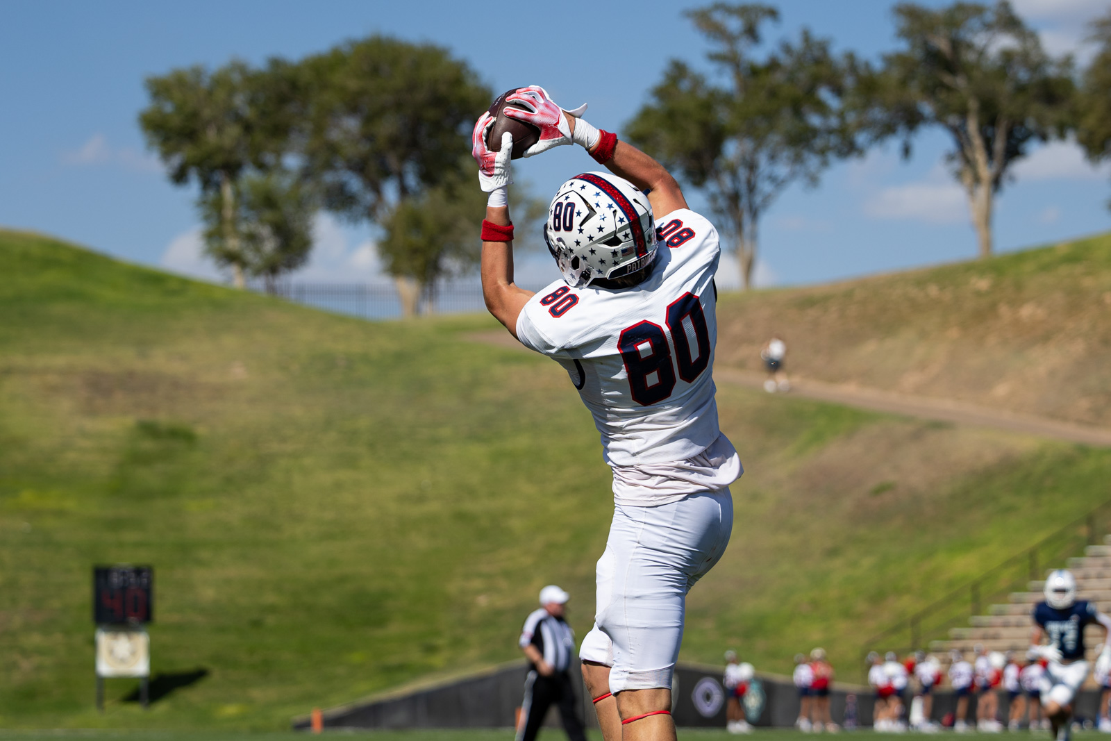 LHS-WPHS-FB-13 | Press Pass Sports Football player in white jersey number 80 leaps to catch a football against a grassy field and blue sky.