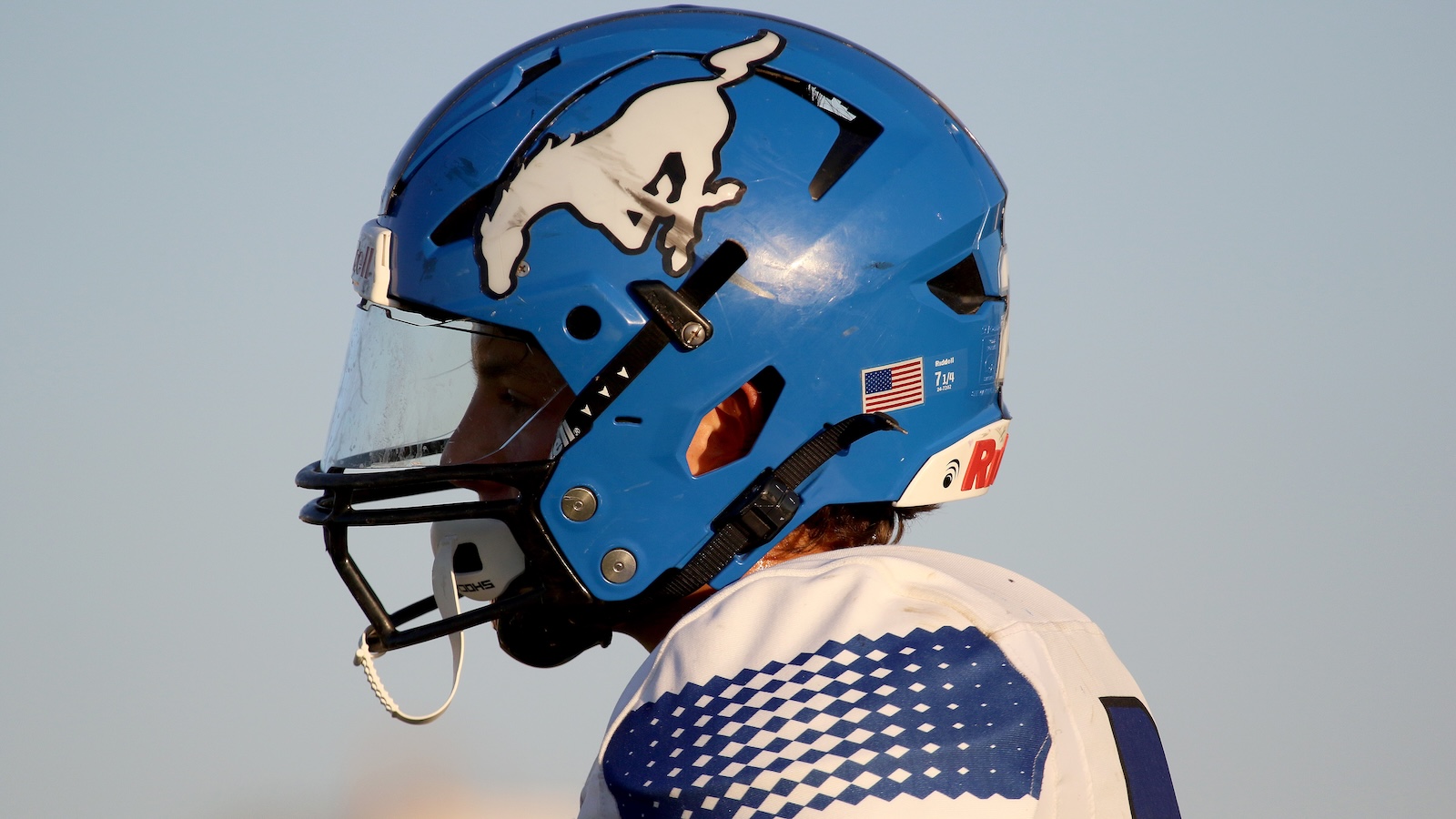 Side profile of a football player wearing a blue helmet with a white running horse logo and clear face shield.