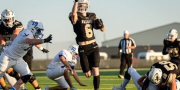 Falcons player in black #6 leaps with ball as he runs toward the end zone during a daytime football game; defenders in white nearby and a referee in the background.