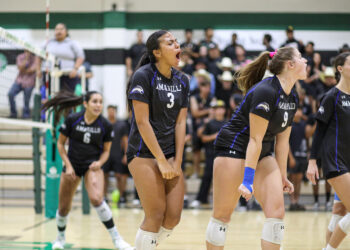 Volleyball players in black uniforms celebrate on the court, foreground player with number 3 shouting.