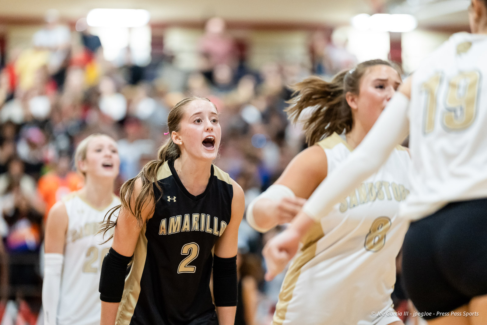 amarillo-high-vs-tascosa-volleyball-jpegJoe-pps-14 | Press Pass Sports Female basketball player in a black Amarillo jersey (#2) shouting during a game in a crowded gym.