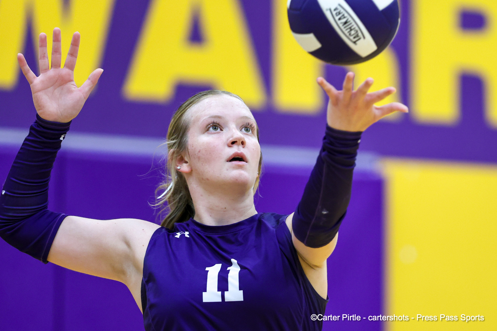 Female volleyball player in a purple jersey (number 11) reaches up to contact the ball.