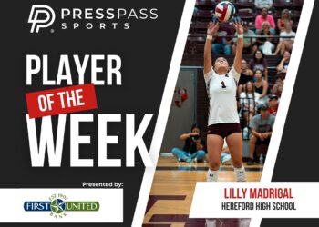 Press Pass Sports Player of the Week banner showing a volleyball player in white reaching up for the ball, with audience and sponsor logos in the background.]