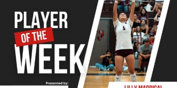 Press Pass Sports Player of the Week banner showing a volleyball player in white reaching up for the ball, with audience and sponsor logos in the background.]