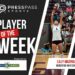 Press Pass Sports Player of the Week banner showing a volleyball player in white reaching up for the ball, with audience and sponsor logos in the background.]