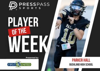 Copy of 2023 Athlete of the Week 76 | Press Pass Sports Banner graphic announcing 'Player of the Week' for a sports feature, showing a running football player in action with event branding and sponsor logos.