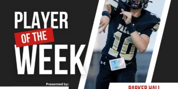 Banner graphic announcing 'Player of the Week' for a sports feature, showing a running football player in action with event branding and sponsor logos.