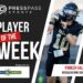 Copy of 2023 Athlete of the Week 76 | Press Pass Sports Banner graphic announcing 'Player of the Week' for a sports feature, showing a running football player in action with event branding and sponsor logos.