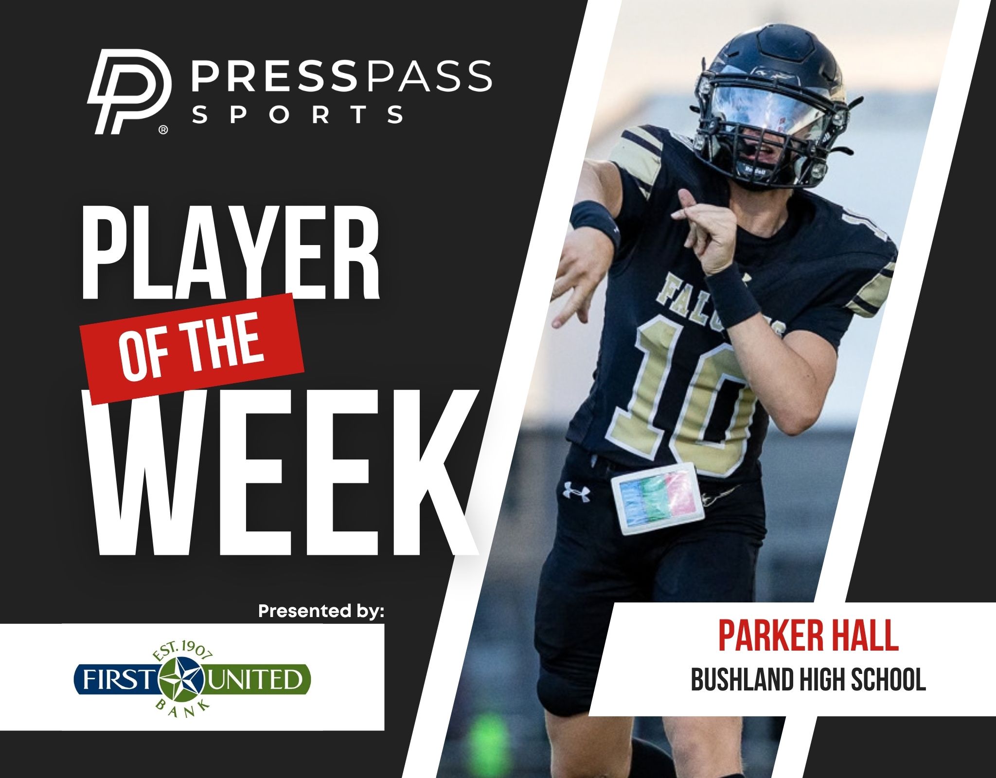 Copy of 2023 Athlete of the Week 76 | Press Pass Sports Banner graphic announcing 'Player of the Week' for a sports feature, showing a running football player in action with event branding and sponsor logos.