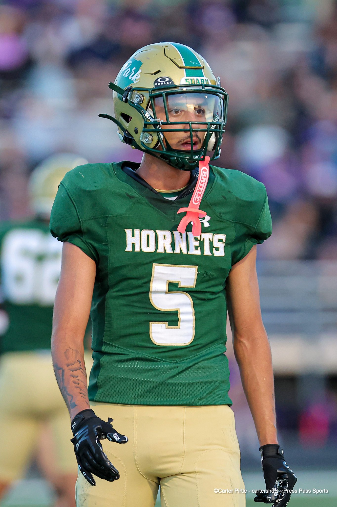 Male football player in a green Hornets jersey with the number 5, wearing a gold helmet with a green facemask on the field.