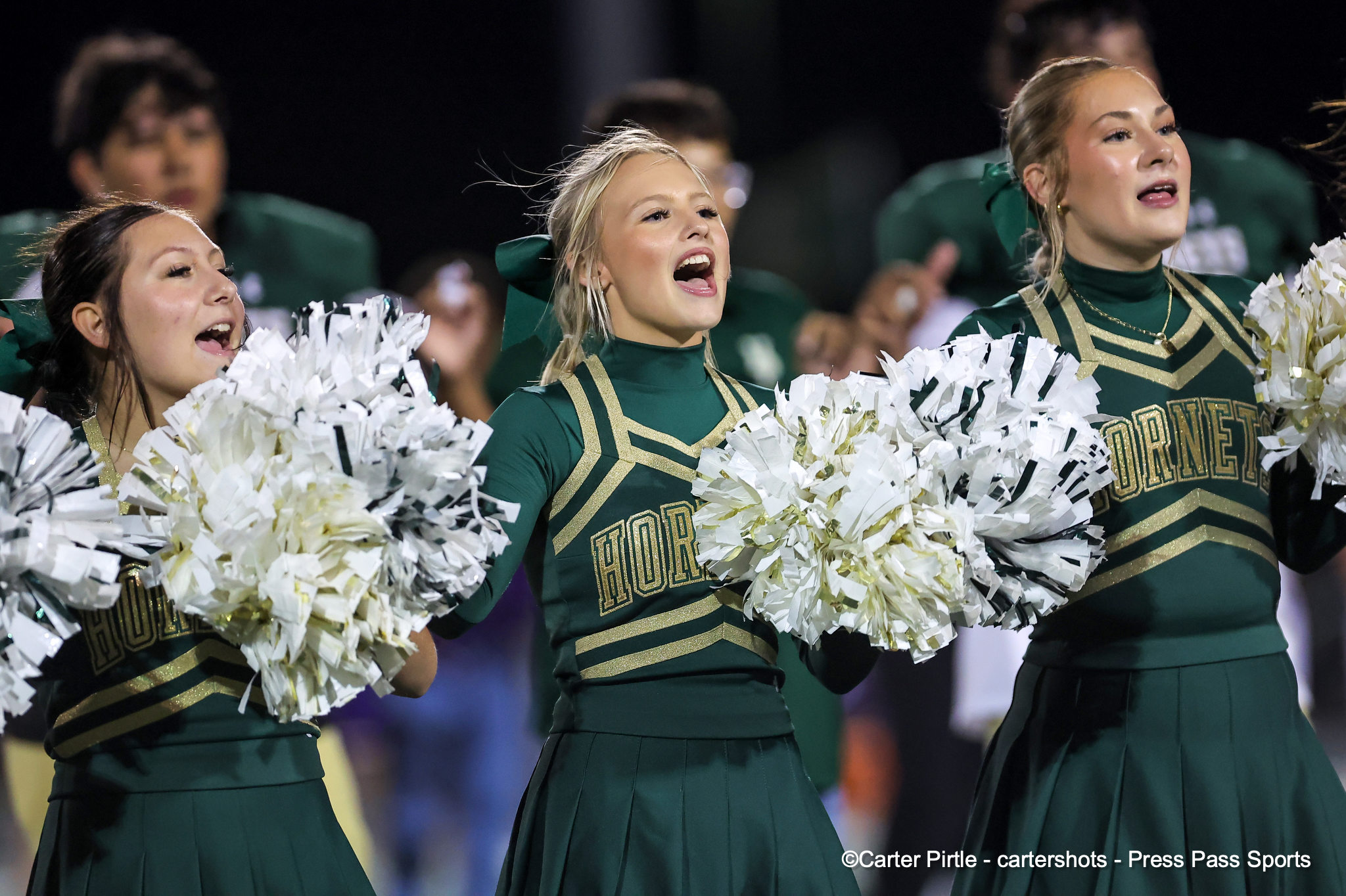 Three female cheerleaders in green and gold uniforms cheer with white pom-poms during a game, Hornets text visible on their outfits.