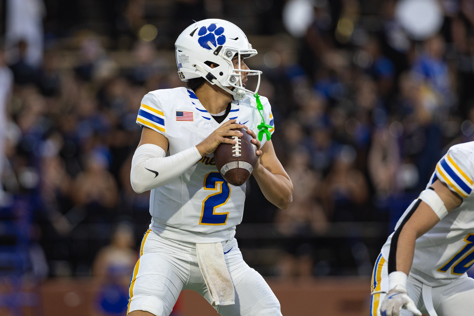 012A5534 | Press Pass Sports Quarterback in a white jersey with blue and yellow accents, helmet with a blue paw logo, holding a football and preparing to throw.
