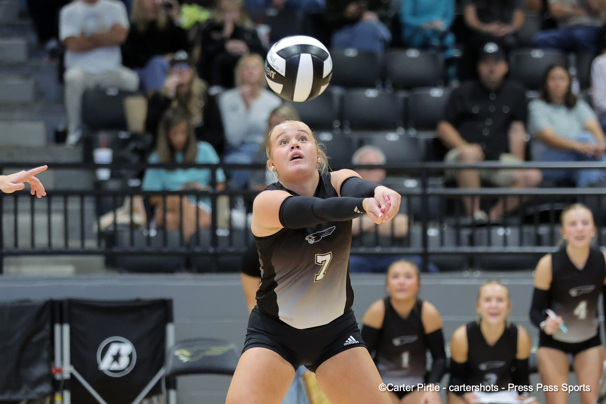 Female volleyball player in a black uniform with number 7 dives forward to reach a ball in midair as a crowd watches from the stands behind her.