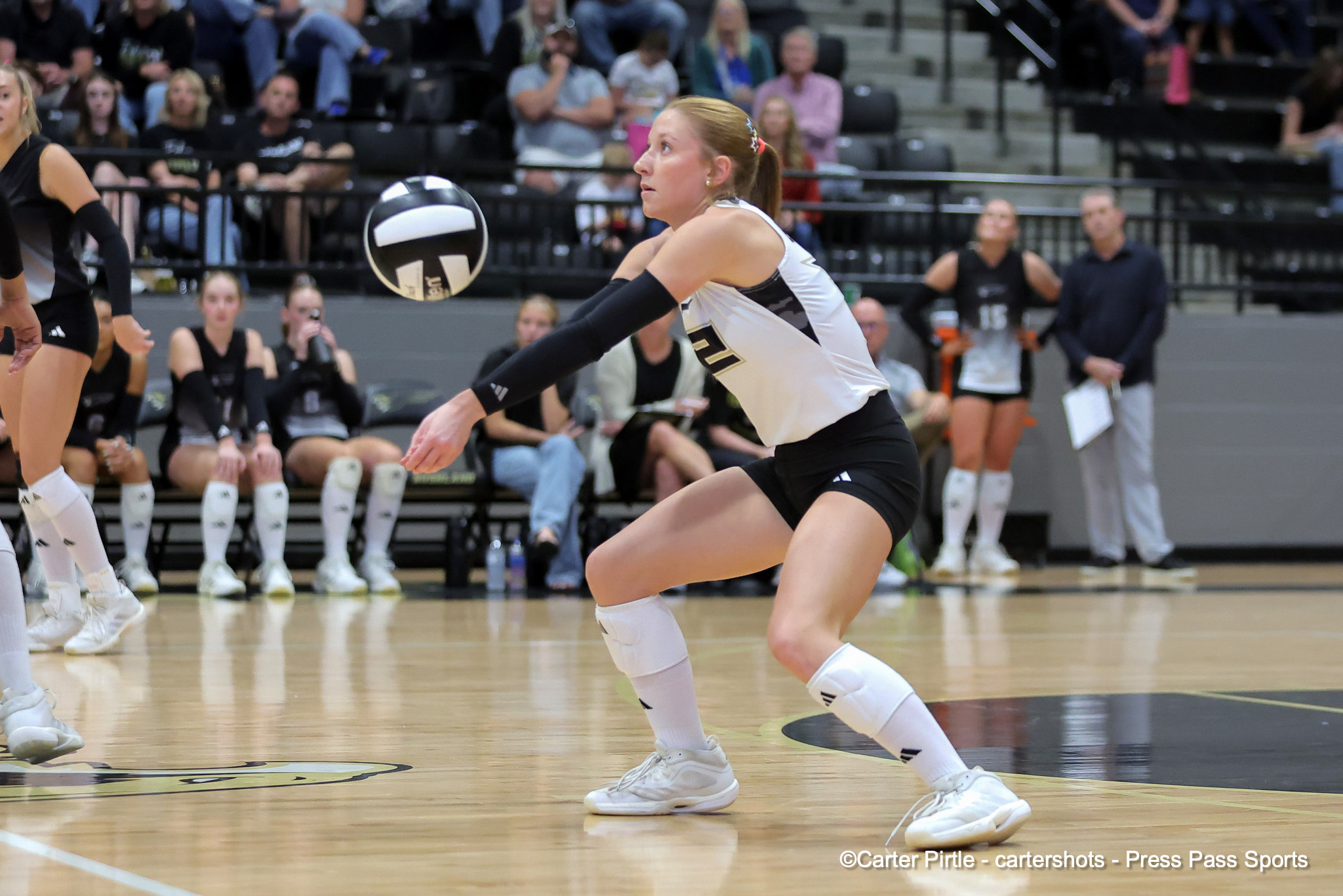 Volleyball player in white and black dives to pass the ball during a match, with fans in the stands blurred in the background.