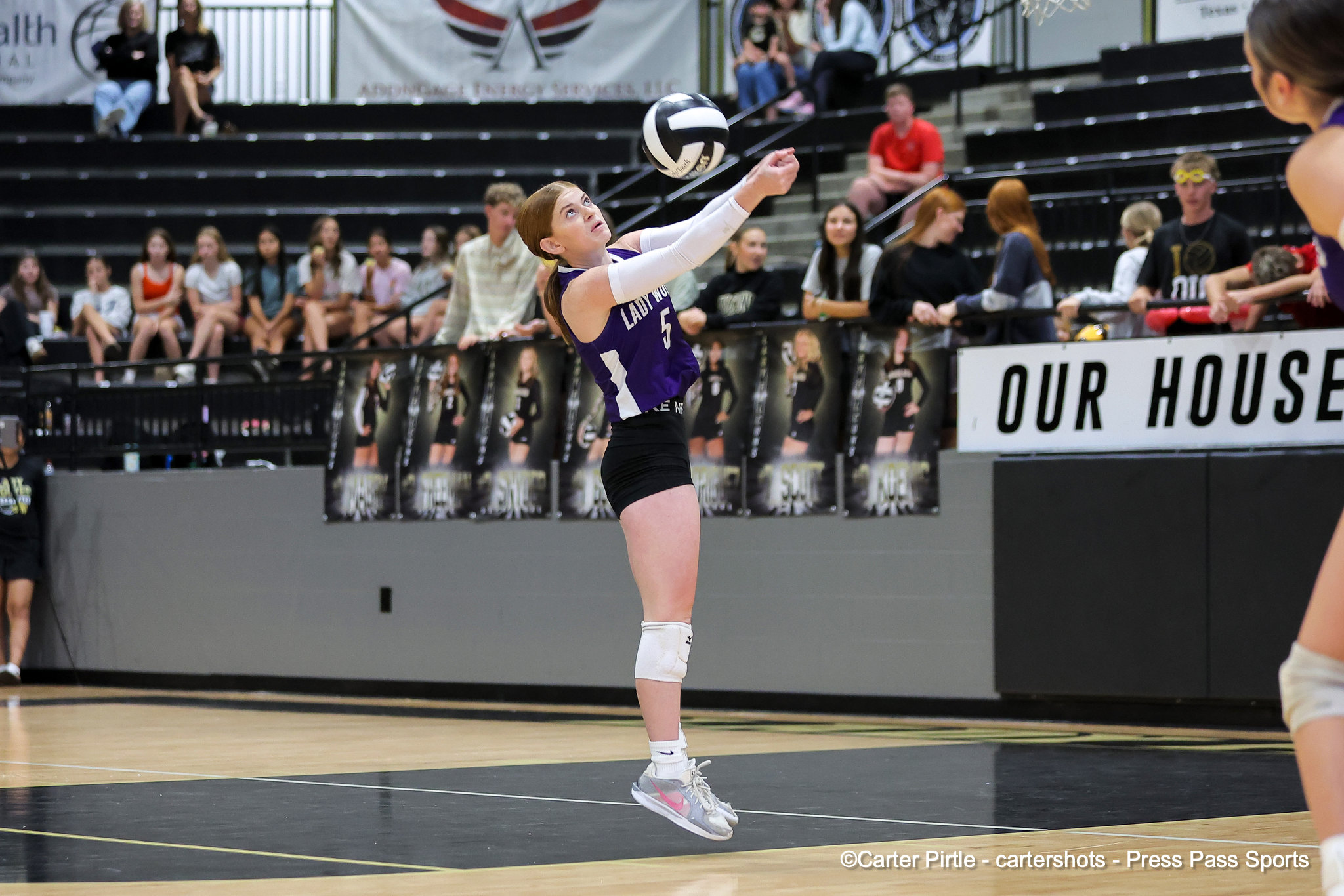 Female volleyball player in a purple jersey (#5) sets the ball midair during a match, with spectators in the stands behind her.