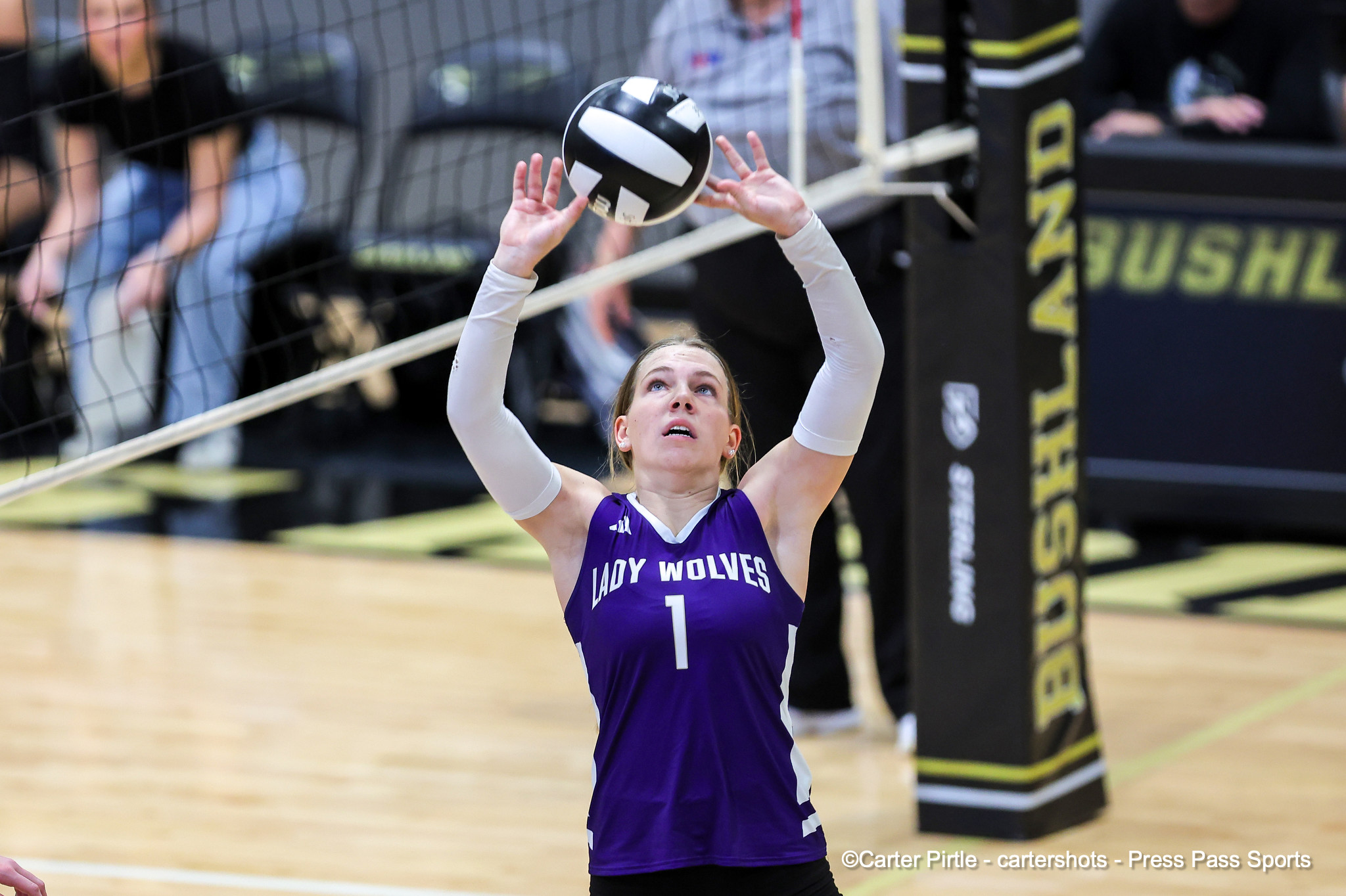 Female volleyball player in a purple uniform with'Lady Wolves' reaches up for the ball at the net during a match.