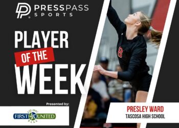 Press Pass Sports banner showing a female athlete reaching up in celebration; 'Player of the Week' text and sponsor logos are visible in the design.