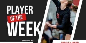 Press Pass Sports banner showing a female athlete reaching up in celebration; 'Player of the Week' text and sponsor logos are visible in the design.