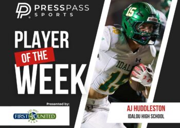 Copy of 2023 Athlete of the Week 78 | Press Pass Sports Stylized sports poster announcing 'Player of the Week' with a football player in a green helmet on the right.