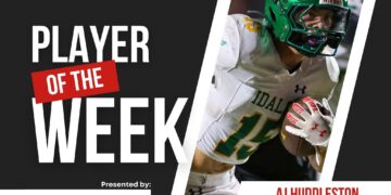 Stylized sports poster announcing 'Player of the Week' with a football player in a green helmet on the right.