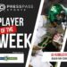 Stylized sports poster announcing 'Player of the Week' with a football player in a green helmet on the right.