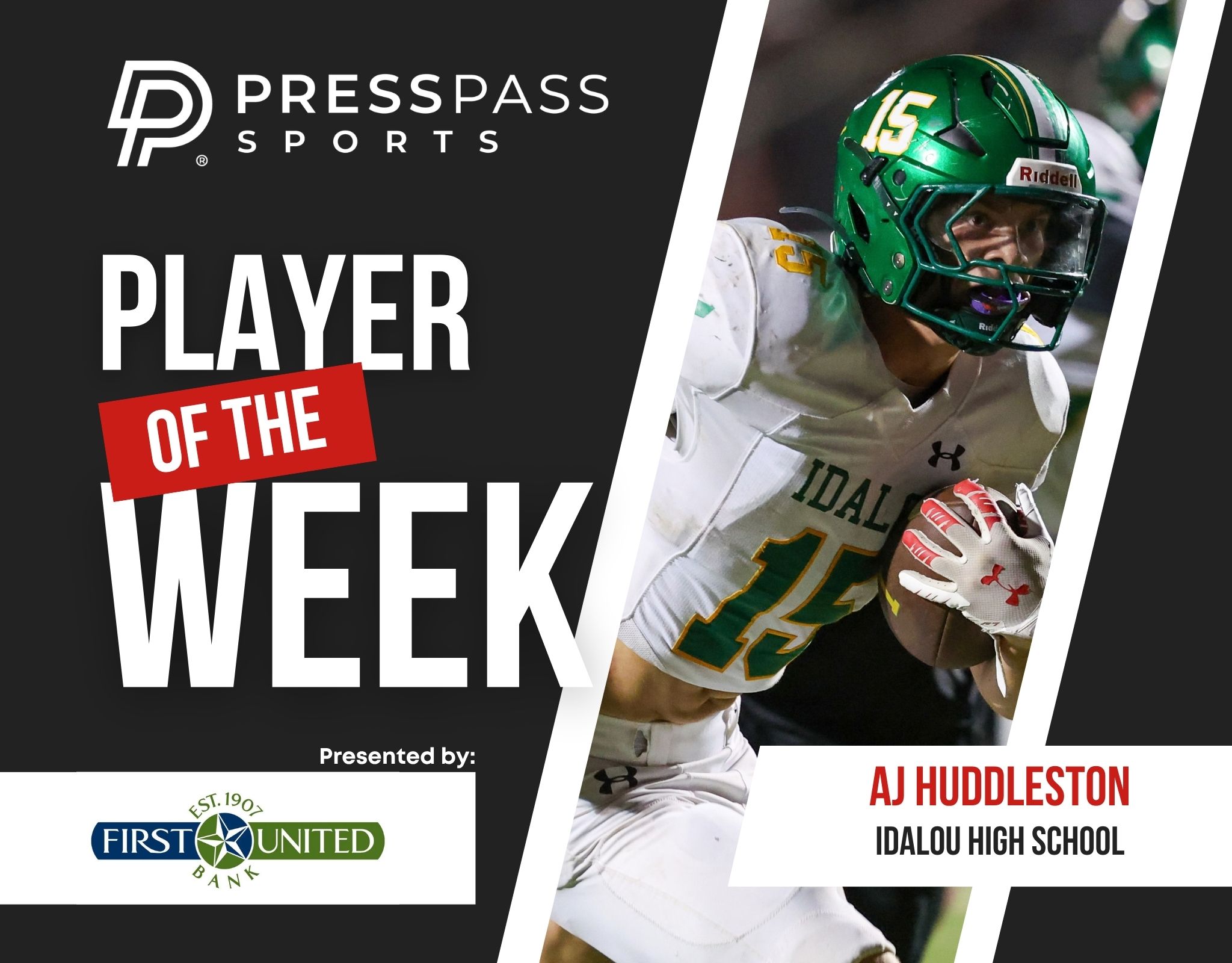 Copy of 2023 Athlete of the Week 78 | Press Pass Sports Stylized sports poster announcing 'Player of the Week' with a football player in a green helmet on the right.