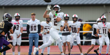 Football game: player in white jersey leaping to catch a pass while defenders and teammates watch on the sideline behind him.