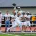 Football game: player in white jersey leaping to catch a pass while defenders and teammates watch on the sideline behind him.