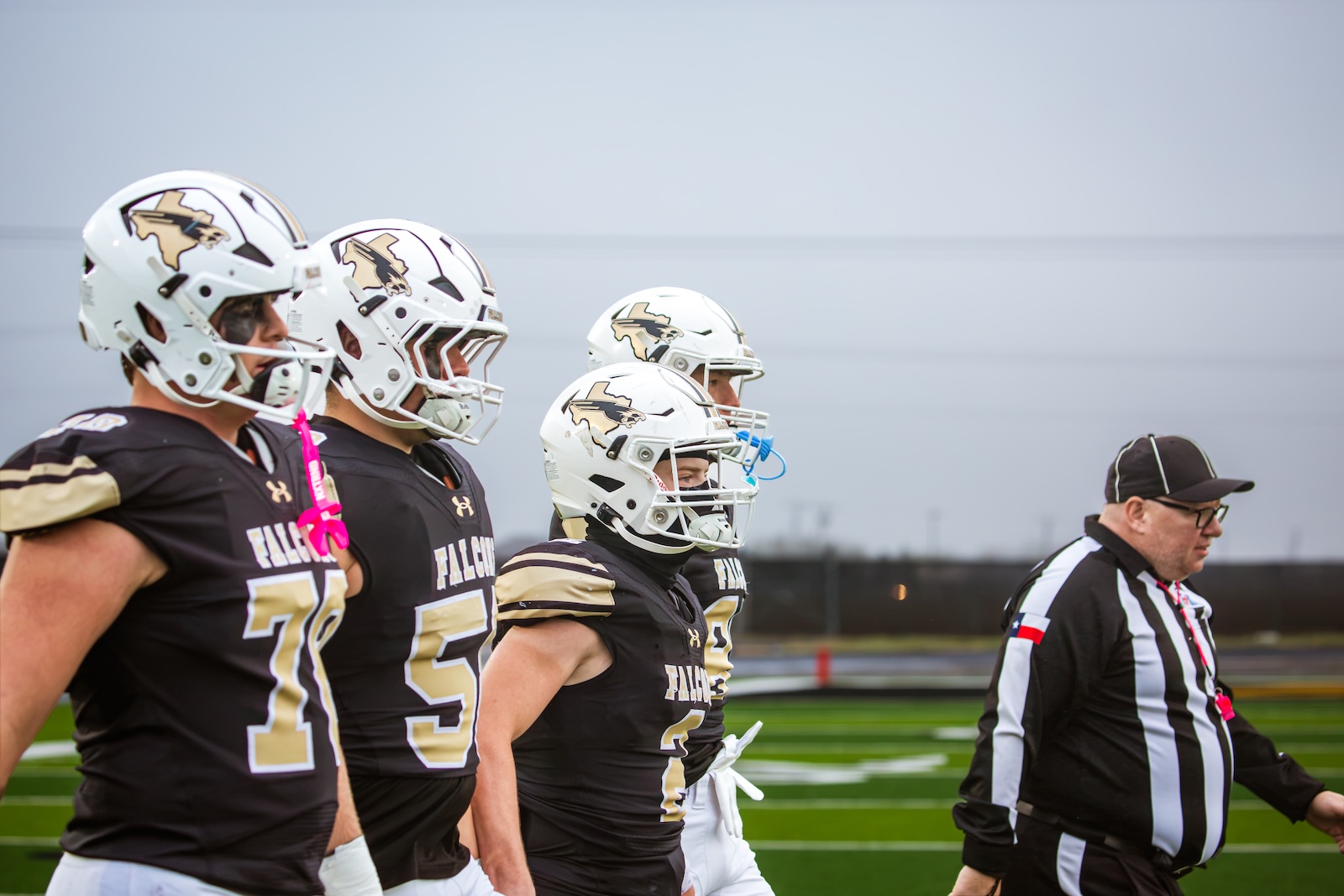 Football players in black Falcons jerseys line up with a referee on a green sideline during a game.