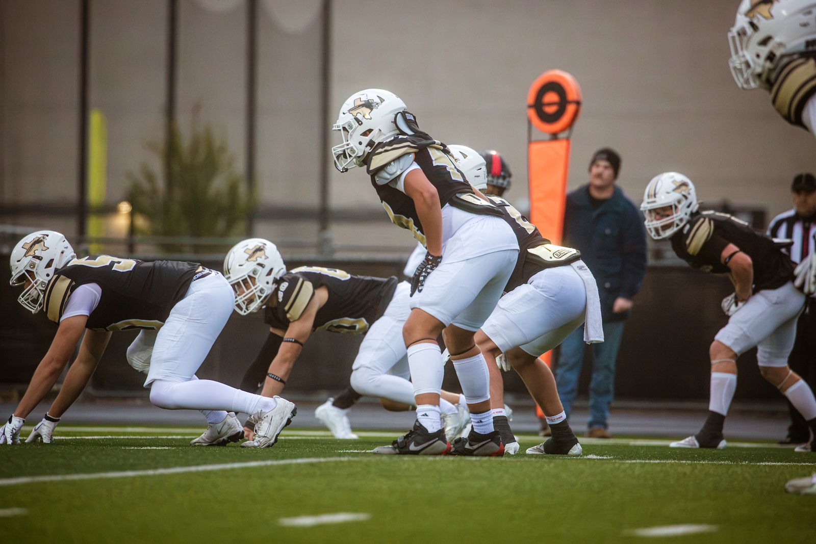 Football players in black and gold uniforms crouch at the line of scrimmage on a green turf field, ready for the snap.