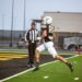 _V4A7545 | Press Pass Sports Football player in a black-and-gold uniform (#81) leaps toward the end zone as a referee watches from the sideline on a turf field.