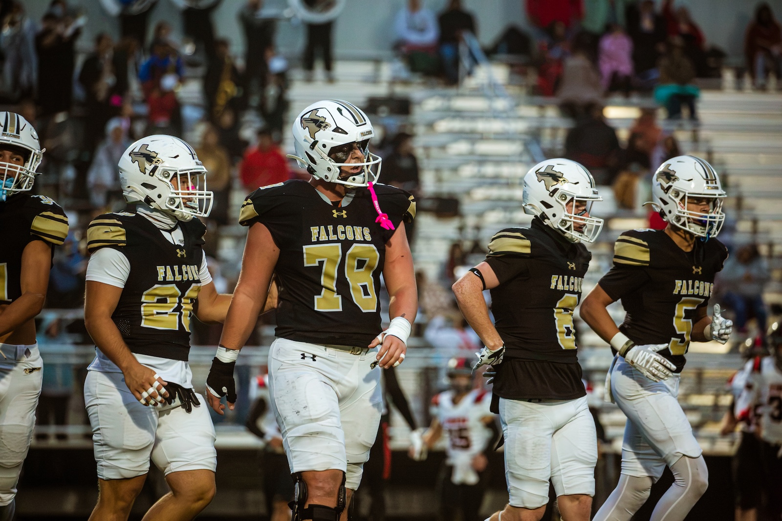 Falcons football players in black and gold uniforms walking on the field during a game, stands full of fans in the background.