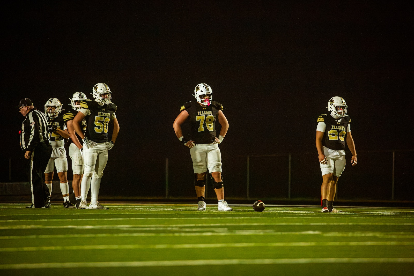 Nighttime American football scene: Falcons players in black and gold jerseys stand on the lit turf with a referee on the left and a football on the grass.