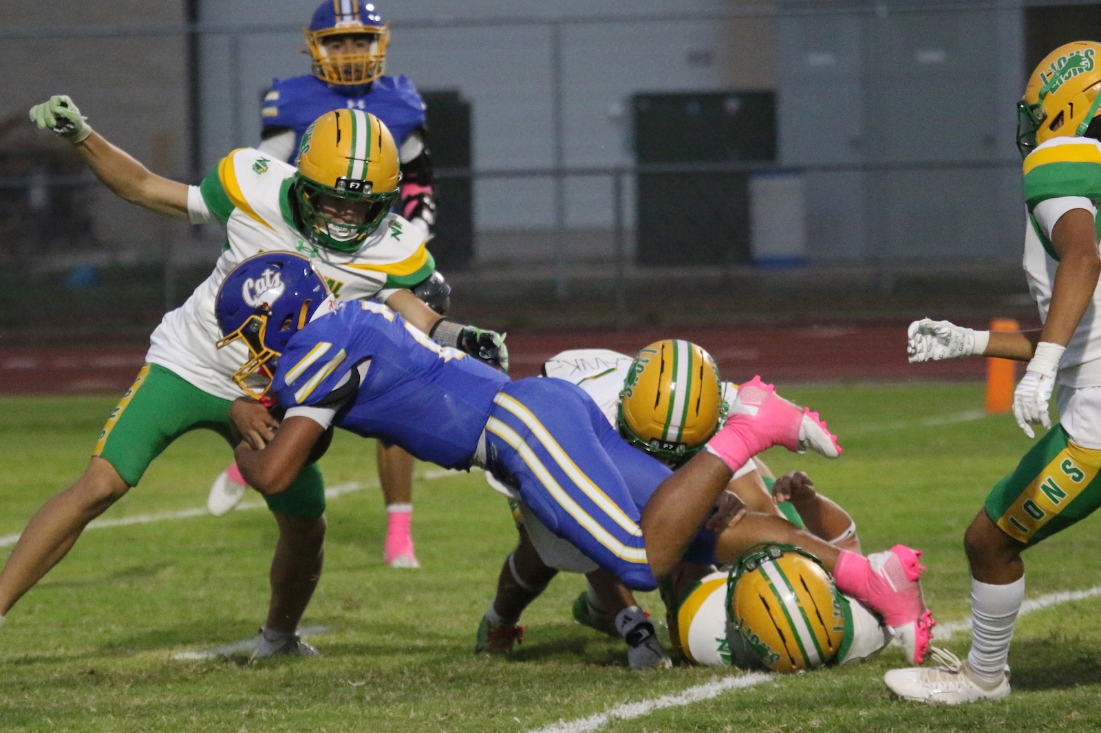 Football players in green and gold tackle a blue and yellow-clad opponent on a grass field during a night game, with others around in motion.