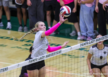 IMG_1629 | Press Pass Sports Female volleyball player in white jersey with bright pink sleeves dives to reach the ball at the net while teammates and spectators watch.