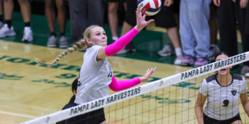 Female volleyball player in white jersey with bright pink sleeves dives to reach the ball at the net while teammates and spectators watch.