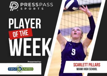 Copy of 2023 Athlete of the Week 81 | Press Pass Sports Poster for Press Pass Sports announcing 'Player of the Week' with a volleyball player reaching for a ball.