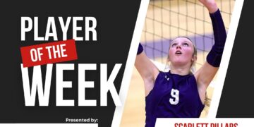 Poster for Press Pass Sports announcing 'Player of the Week' with a volleyball player reaching for a ball.