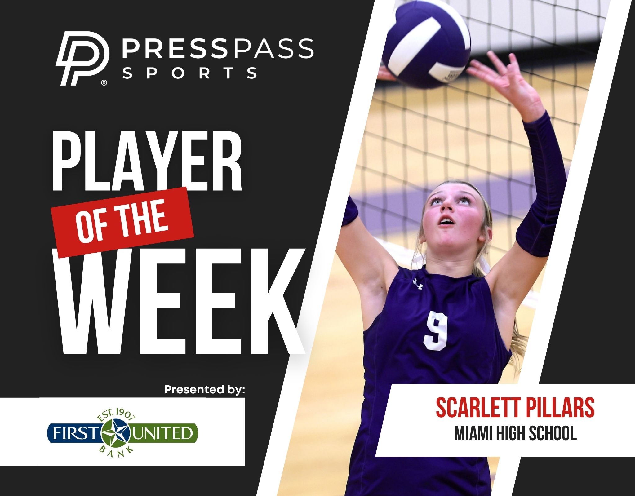 Copy of 2023 Athlete of the Week 81 | Press Pass Sports Poster for Press Pass Sports announcing 'Player of the Week' with a volleyball player reaching for a ball.