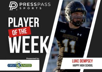 Copy of 2023 Athlete of the Week 80 | Press Pass Sports Banner for Press Pass Sports announcing 'Player of the Week' with a football player in a helmet on the right side and sponsor logos visible.