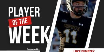 Banner for Press Pass Sports announcing 'Player of the Week' with a football player in a helmet on the right side and sponsor logos visible.
